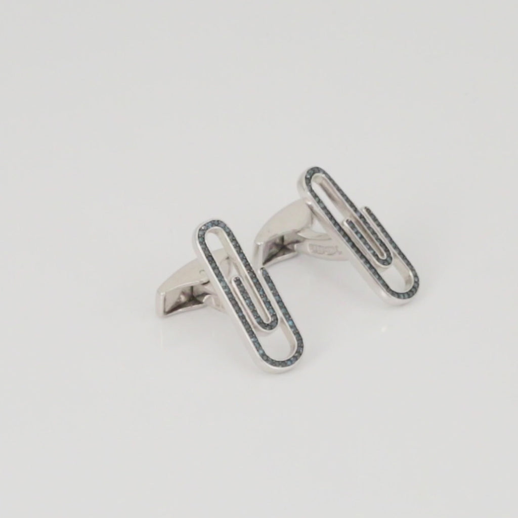 Paperclip cufflinks with blue diamond in sterling silver