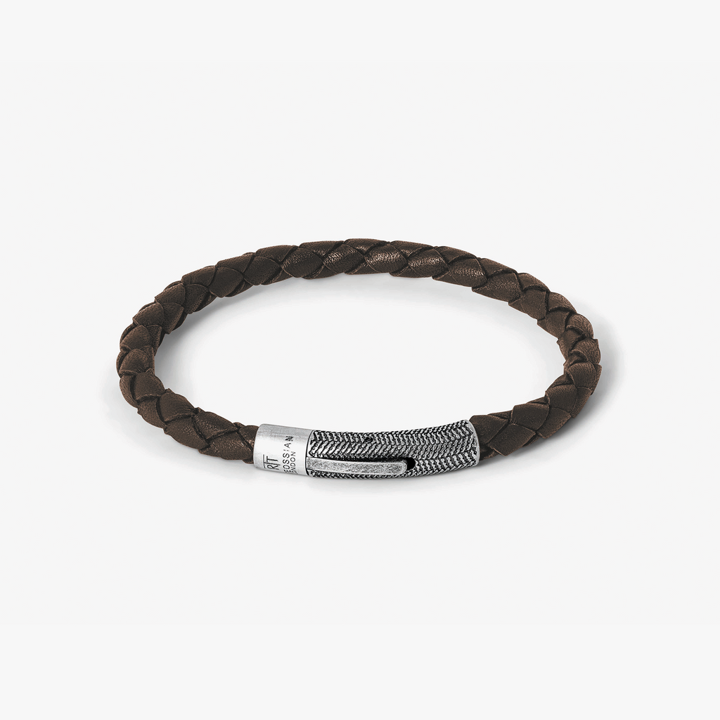 Vintage Herringbone Click Leather Bracelet In Brown with Stainless Steel