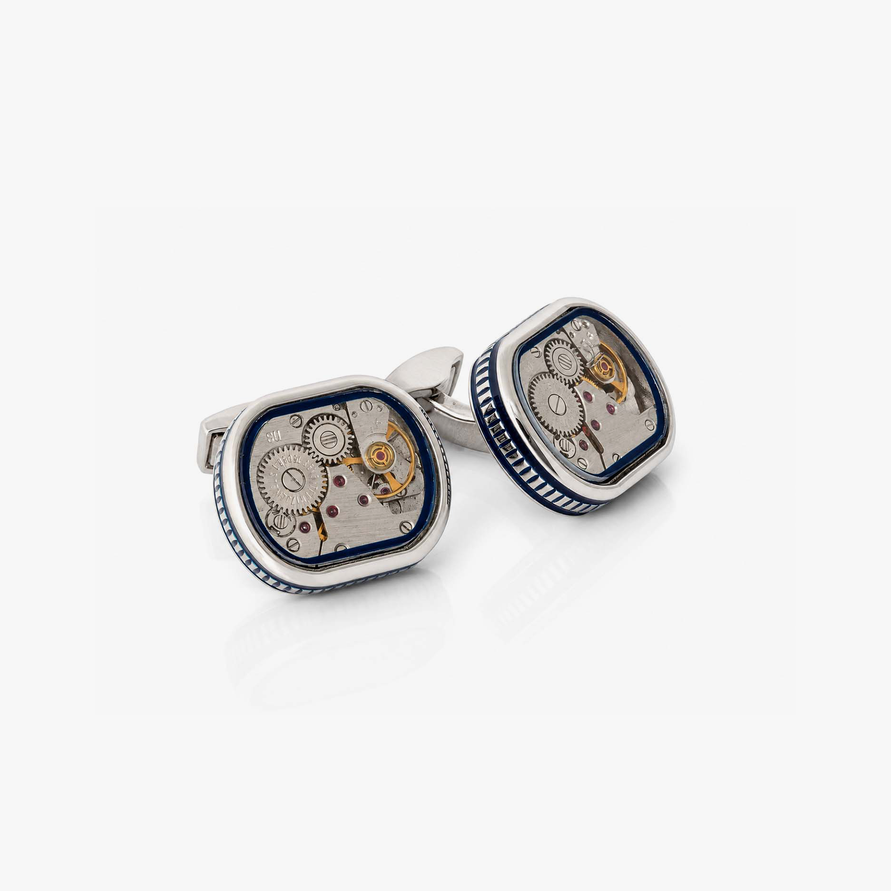 Filleted Skeleton Watch Movement Cufflinks with Navy Enamel
