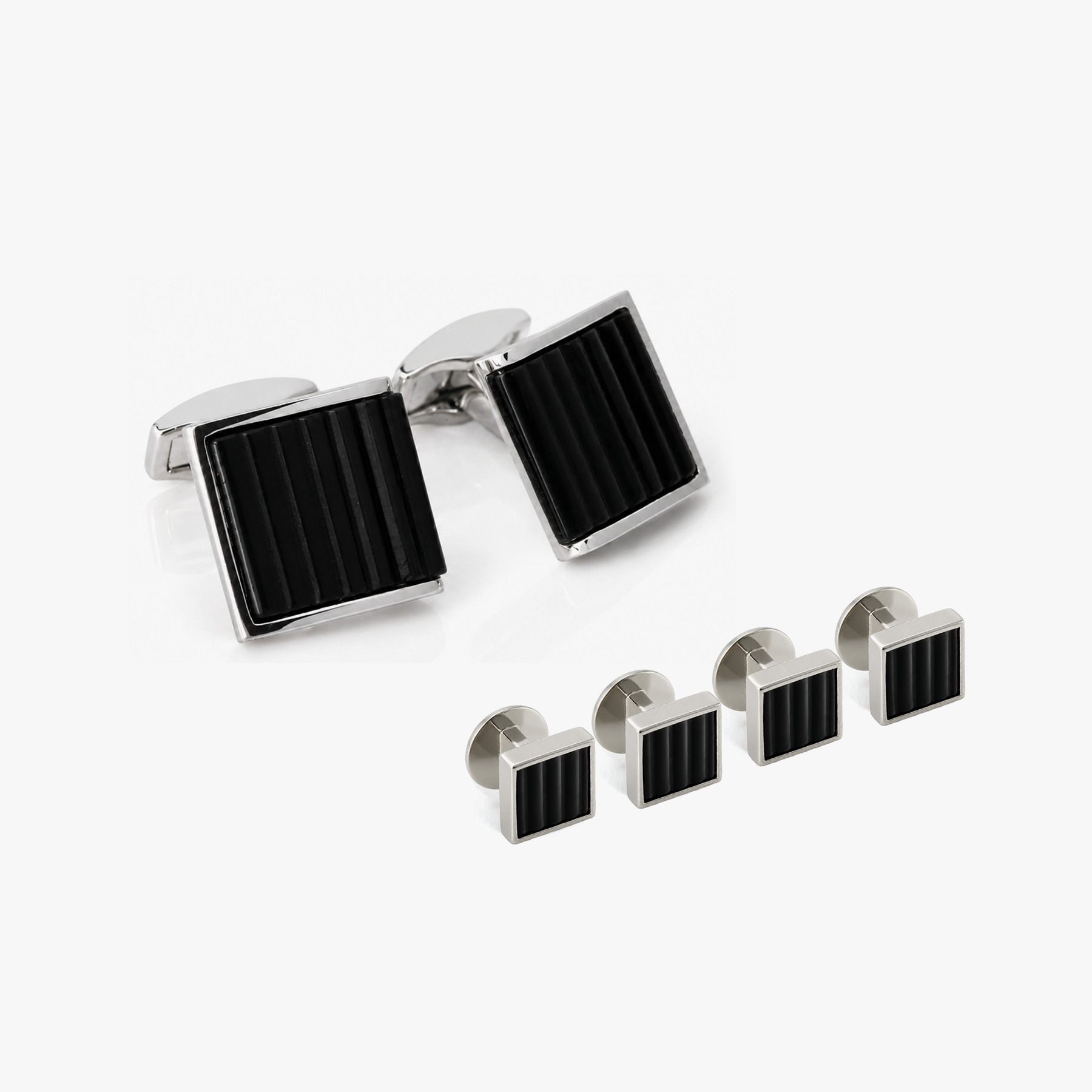 Ribbed Wedge Semi-Precious Stone Cufflink & Stud Set in Black Onyx