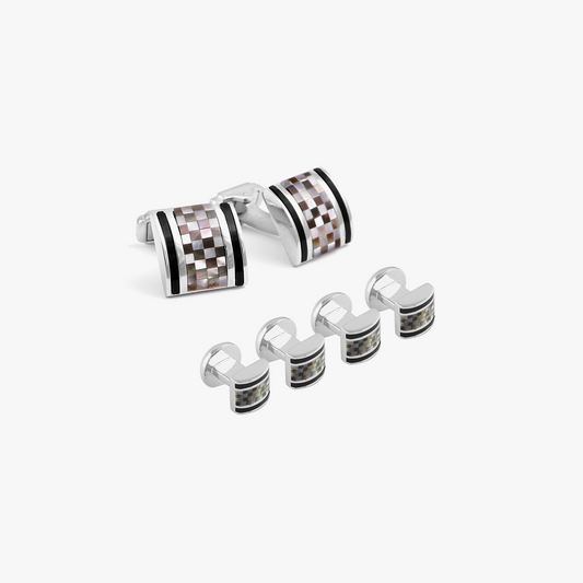 Thompson D-shape Black Mother of Pearl Mosaic cufflink and Stud set