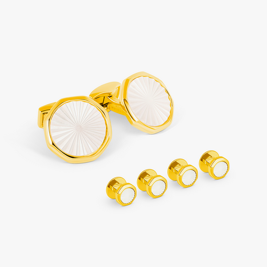 Sunburst Cufflinks & Dress Shirt Studs In Yellow Gold & White Mother Of Pearl