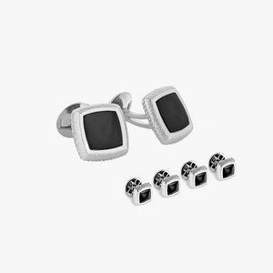 Graffiato Square Cufflinks & Dress Shirt Studs In Rhodium & Onyx