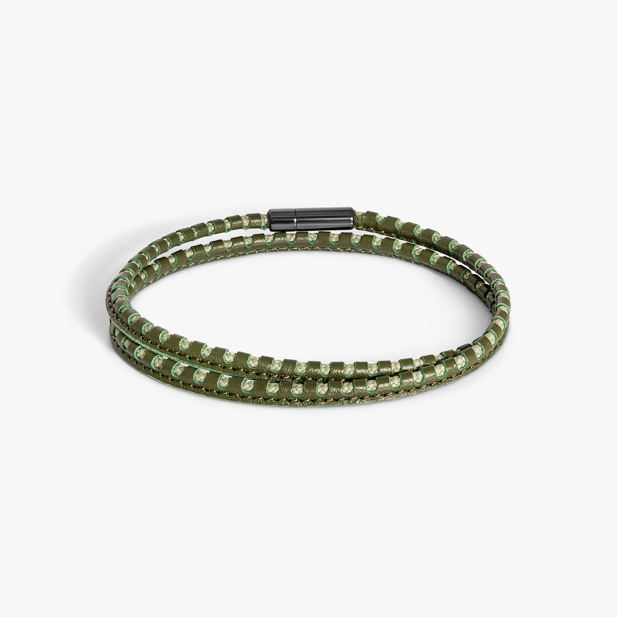 Mini Pop Perforated Pelle Khaki Leather & Green Eco Cord Double Wrap Bracelet
