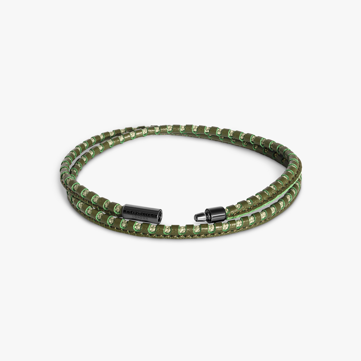 Mini Pop Perforated Pelle Khaki Leather & Green Eco Cord Double Wrap Bracelet