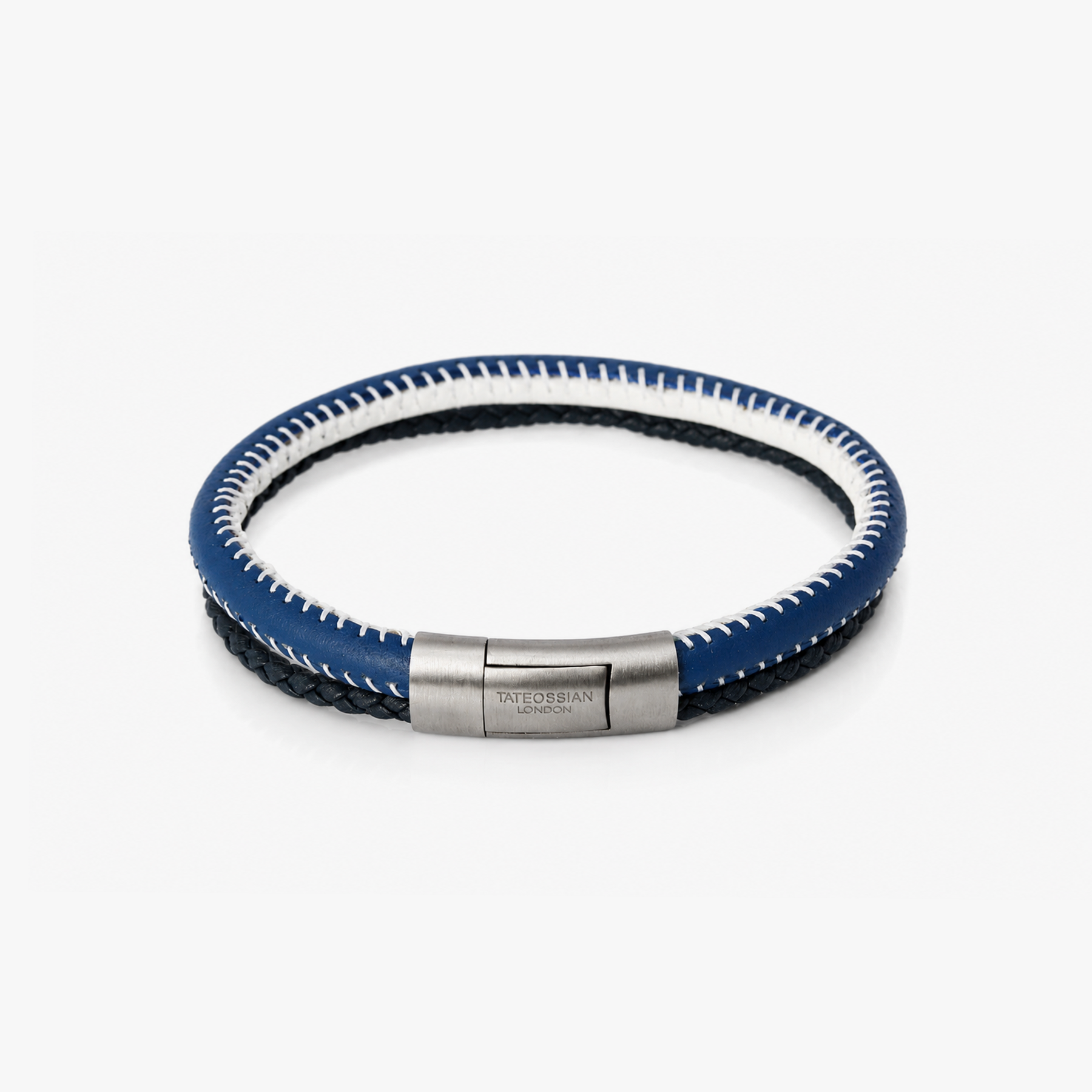 Oblong Click Multi-Stitch Pelle Leather Bracelet in Navy & Black