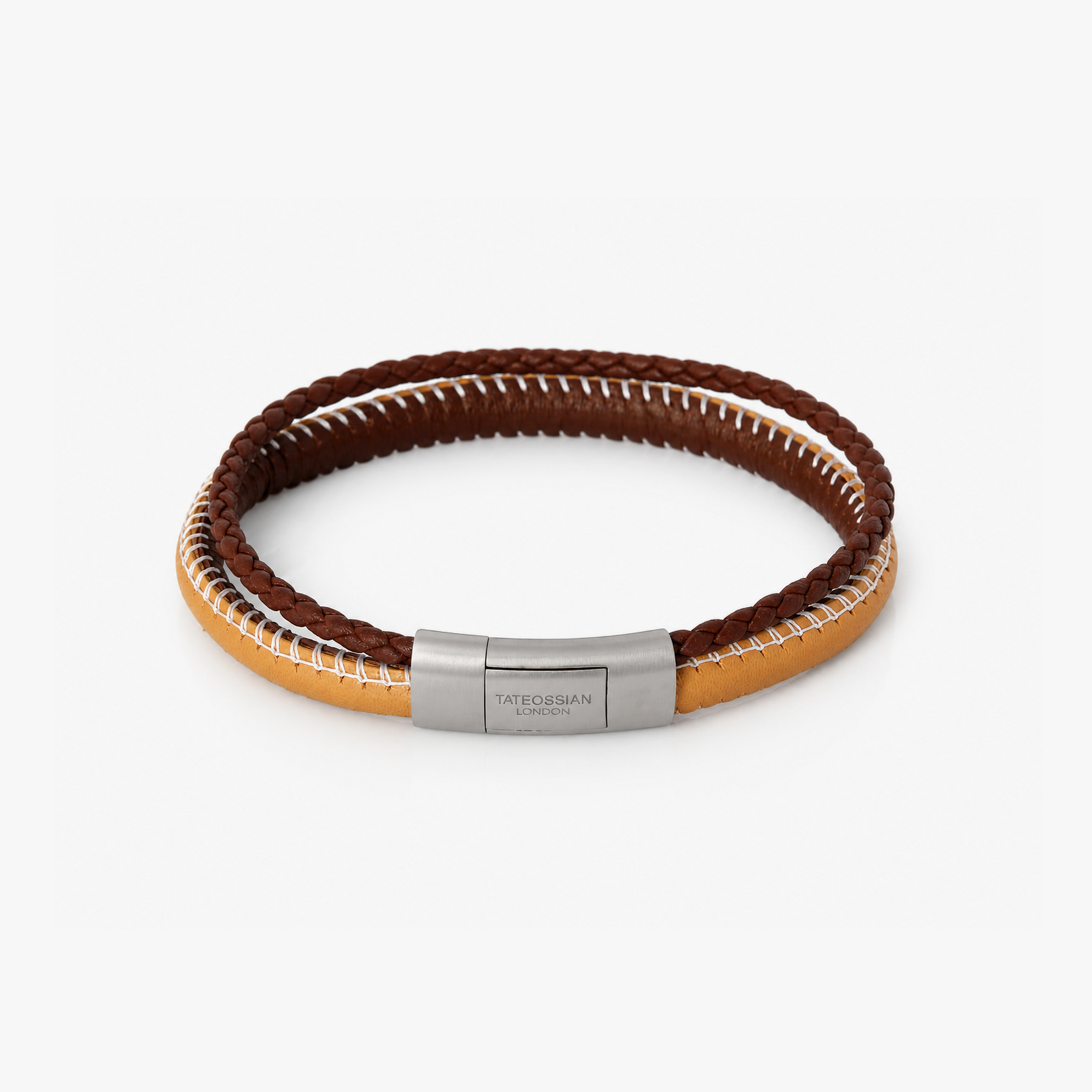 Oblong Click Multi-Stitch Pelle Leather Bracelet Brown and Beige