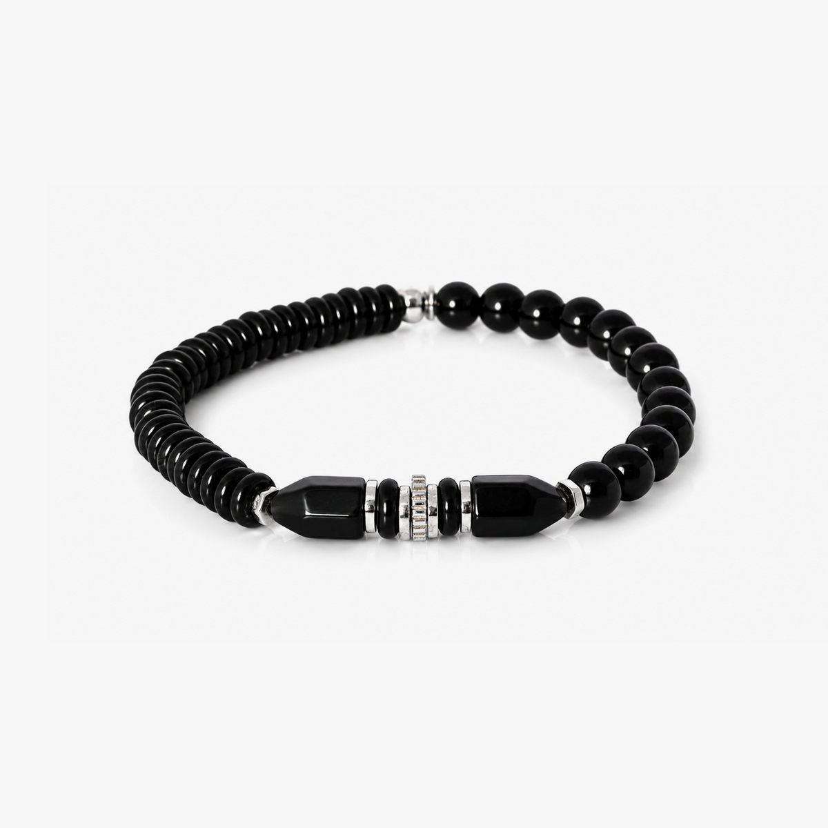 Totem Disc Bead Bracelet in Black Agate With Sterling Silver