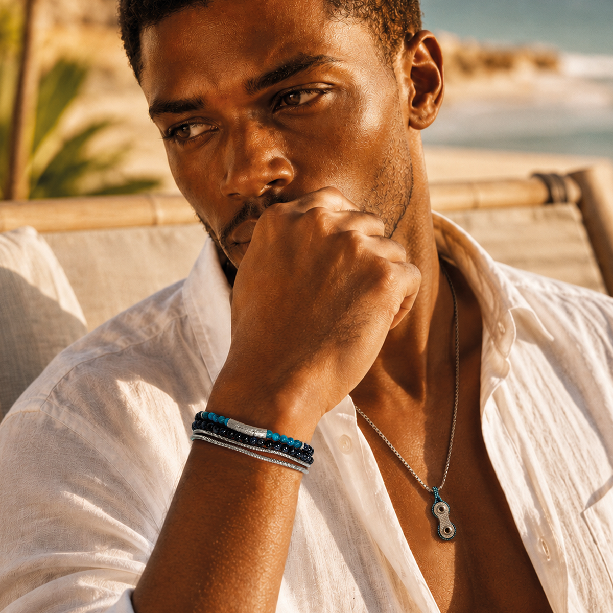 Tubo Graffiato  Double Wrap Beaded Bracelet in Tiger Eye & Blue Apatite With Sterling Silver | Limited Edition
