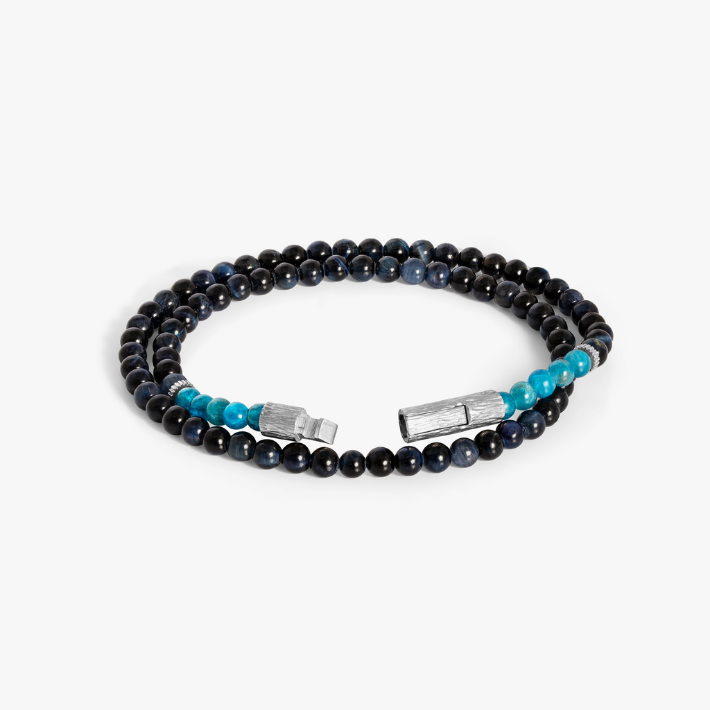 Tubo Graffiato  Double Wrap Beaded Bracelet in Tiger Eye & Blue Apatite With Sterling Silver | Limited Edition