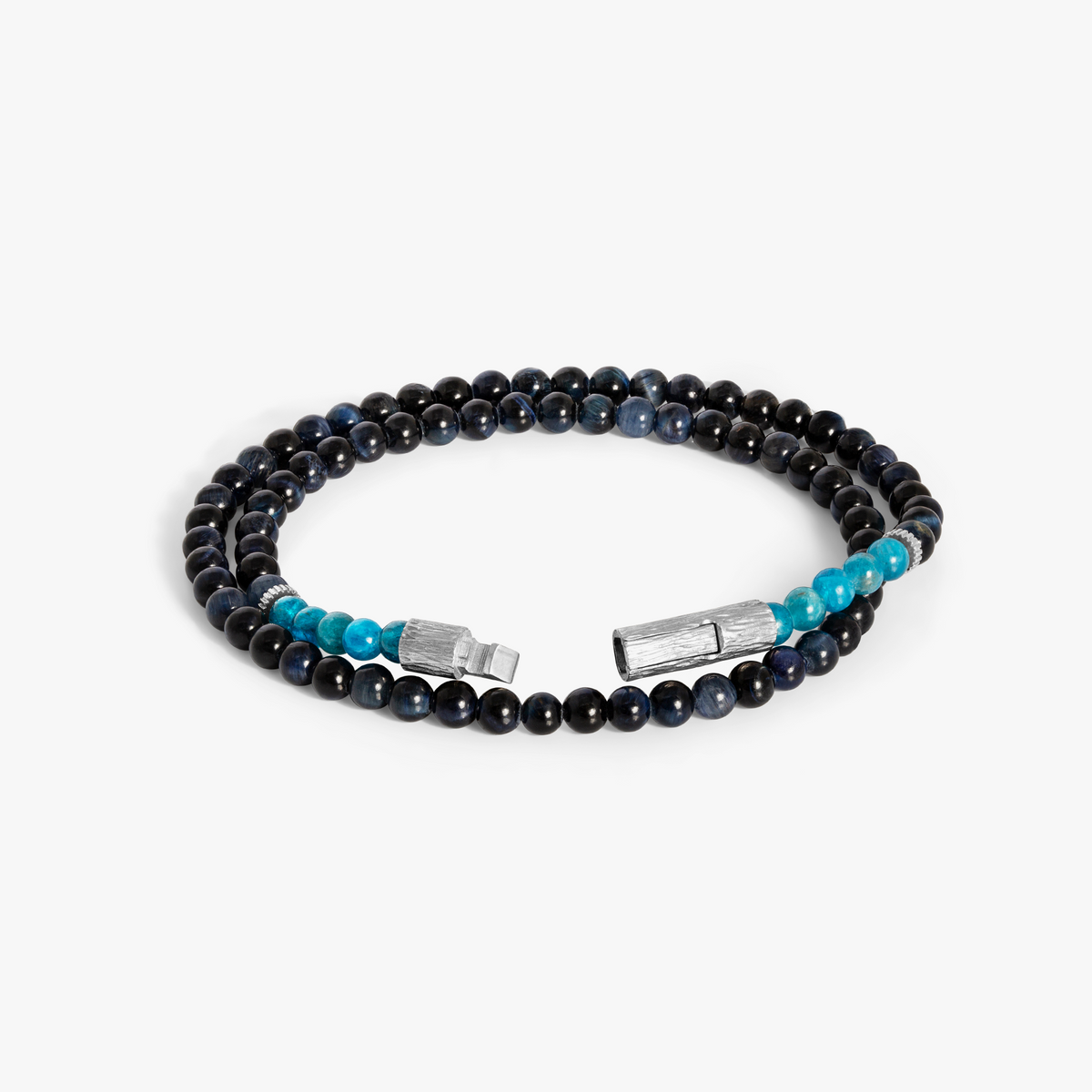 Tubo Graffiato  Double Wrap Beaded Bracelet in Tiger Eye & Blue Apatite With Sterling Silver | Limited Edition