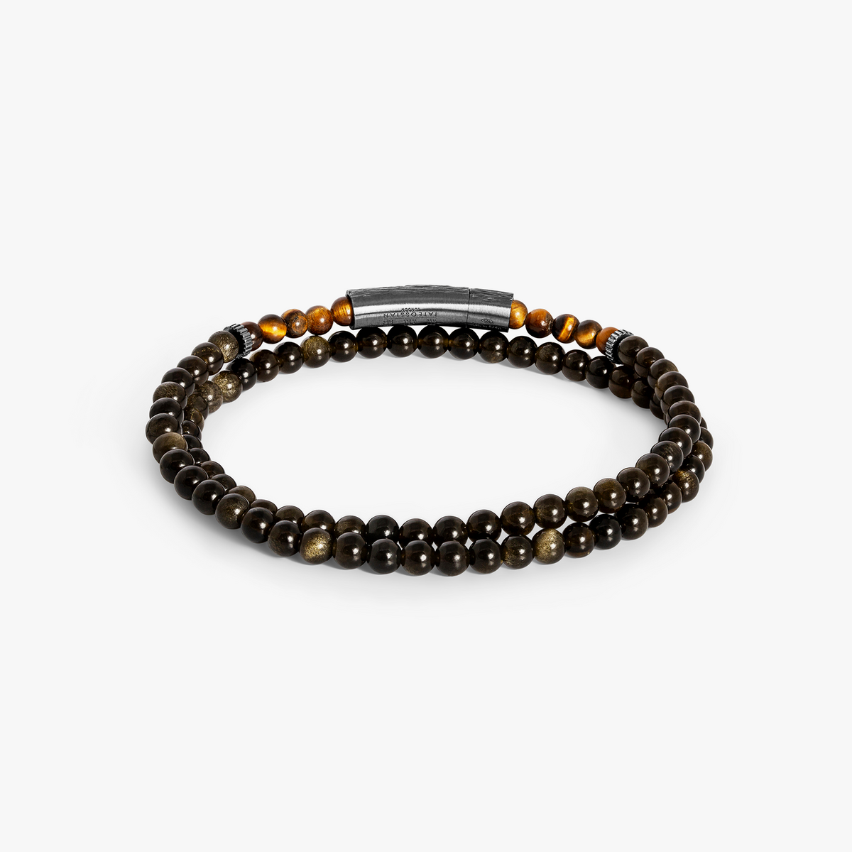 Tubo Graffiato Double Wrap Beaded Bracelet in Tiger Eye & Gold Obsidian With Sterling Silver| Limited Edition