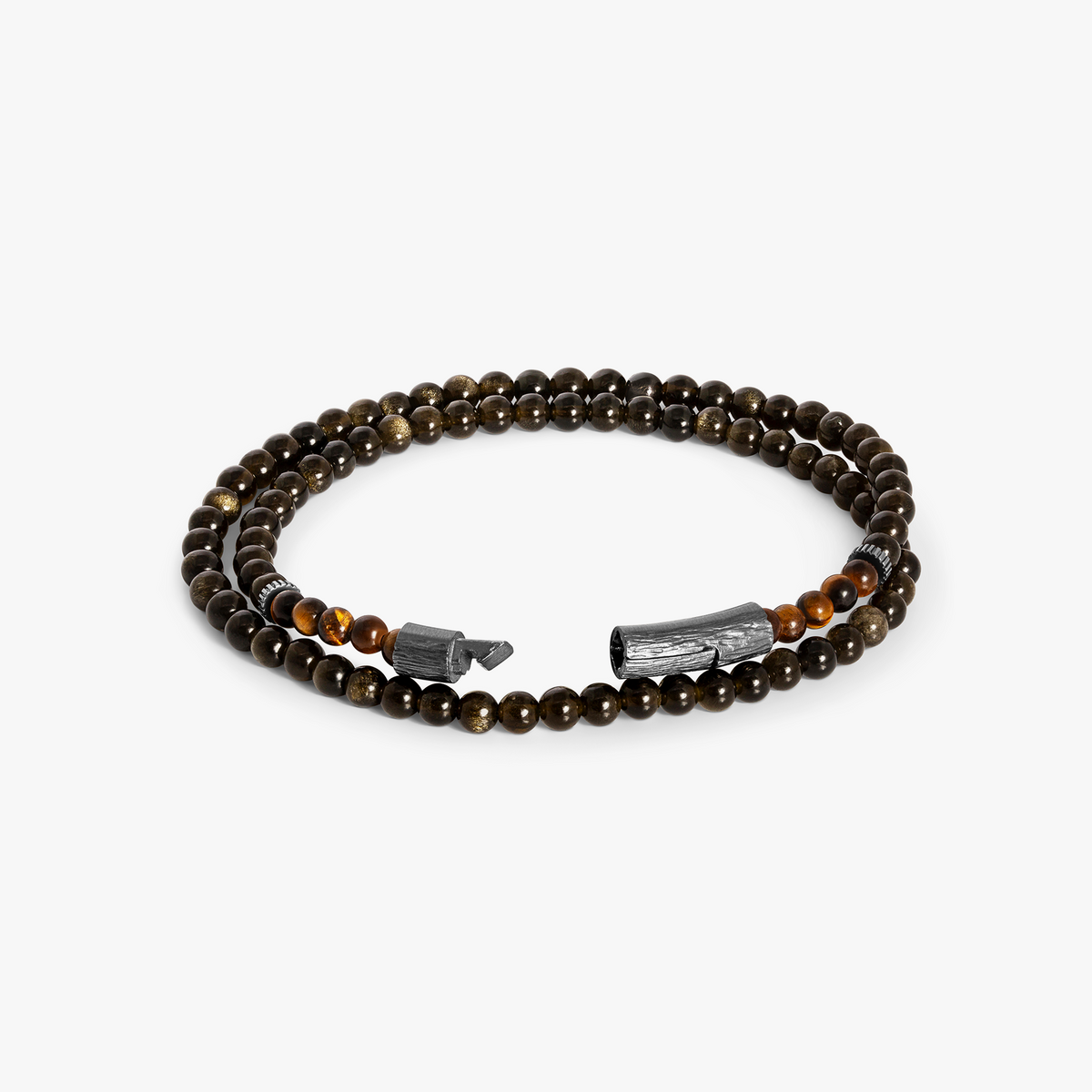 Tubo Graffiato Double Wrap Beaded Bracelet in Tiger Eye & Gold Obsidian With Sterling Silver| Limited Edition