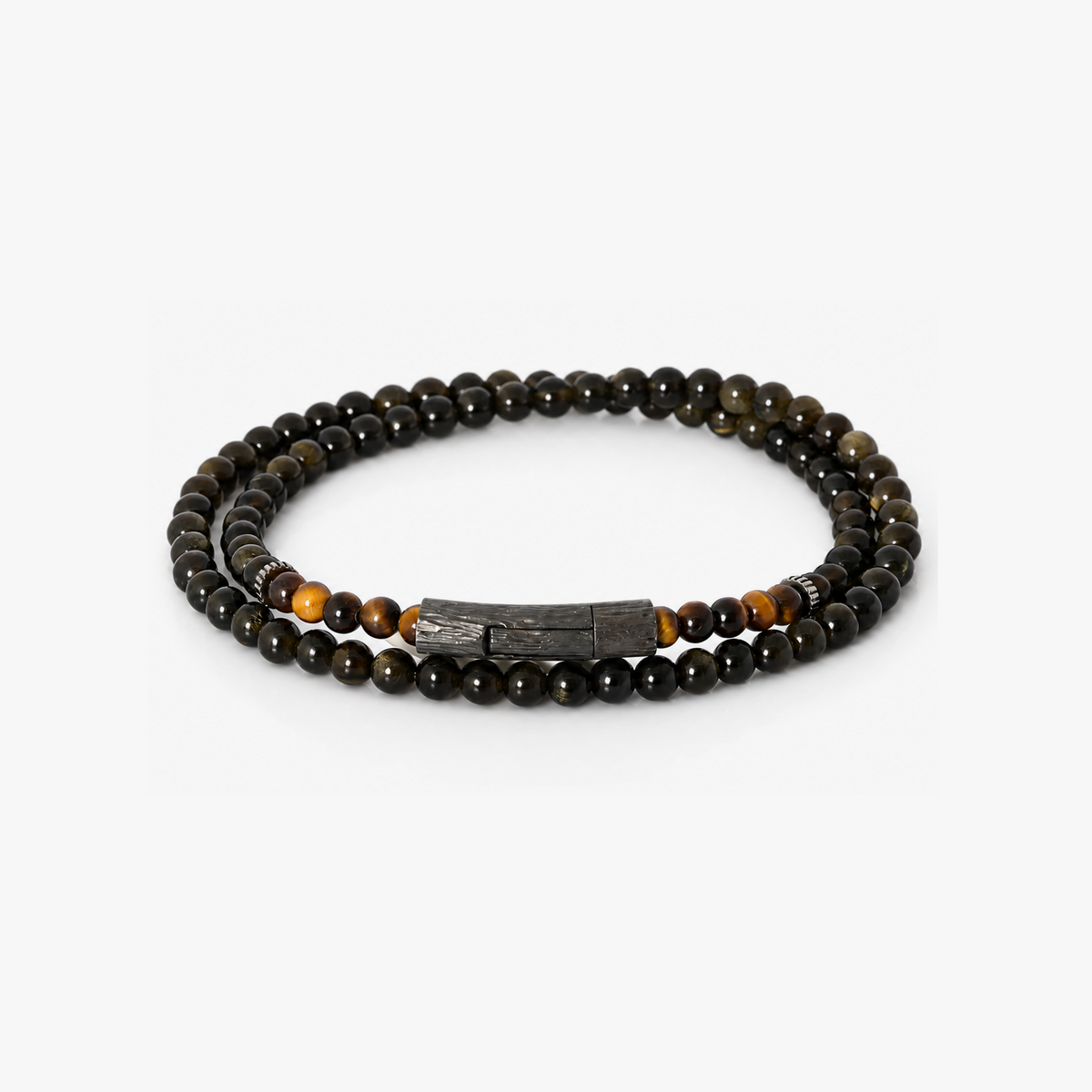 Tubo Graffiato Double Wrap Beaded Bracelet in Tiger Eye & Gold Obsidian With Sterling Silver| Limited Edition