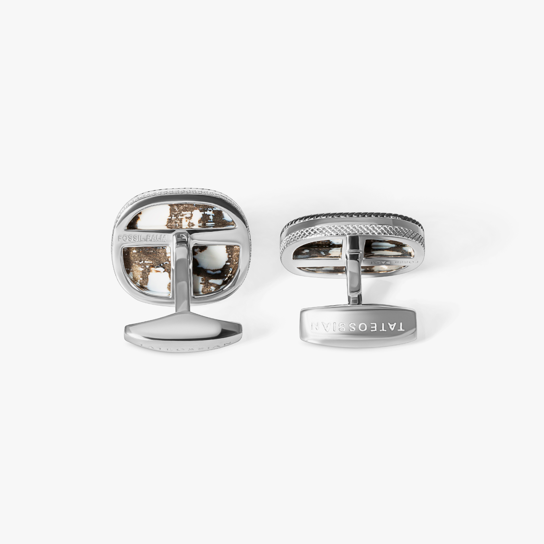 Fossil palm cufflinks in rhodium plated sterling silver with natural fossil stone
