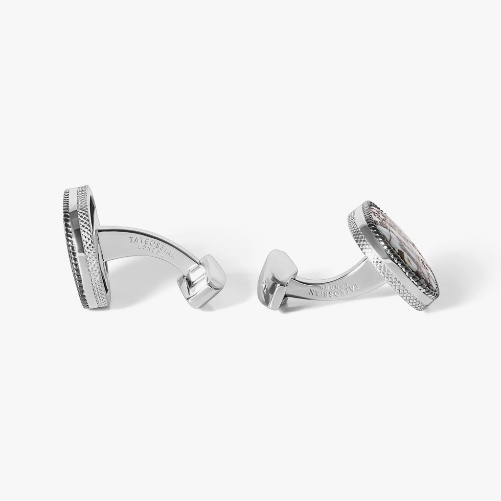 Fossil palm cufflinks in rhodium plated sterling silver with natural fossil stone