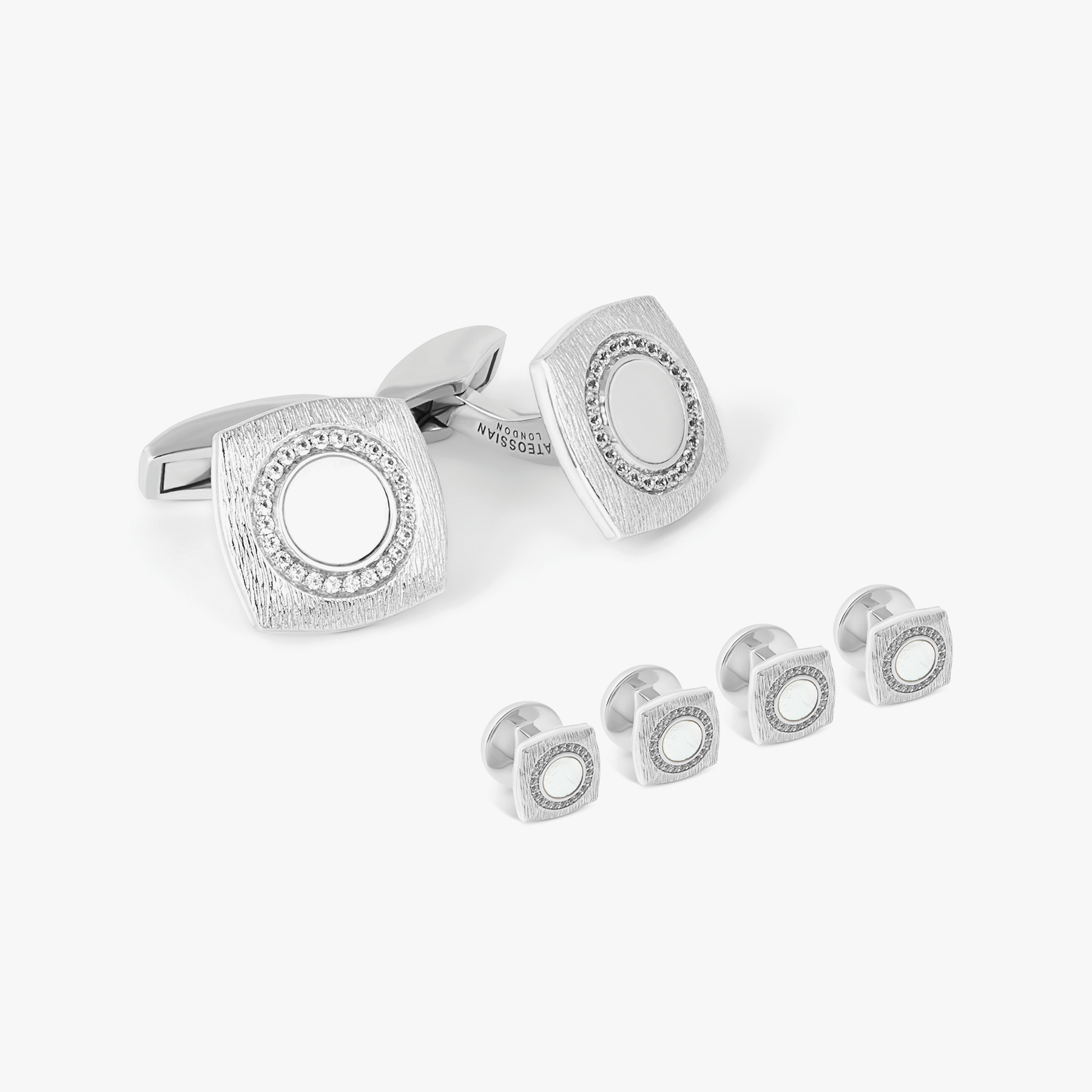 Round Grafiatto Square Cufflinks & Shirt Studs In Sterling Silver With White Mop