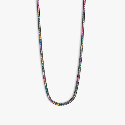 Quadro Tennis Semi-Precious Necklace In Black Rhodium Plated Sterling Silver With Multicolour Spinel