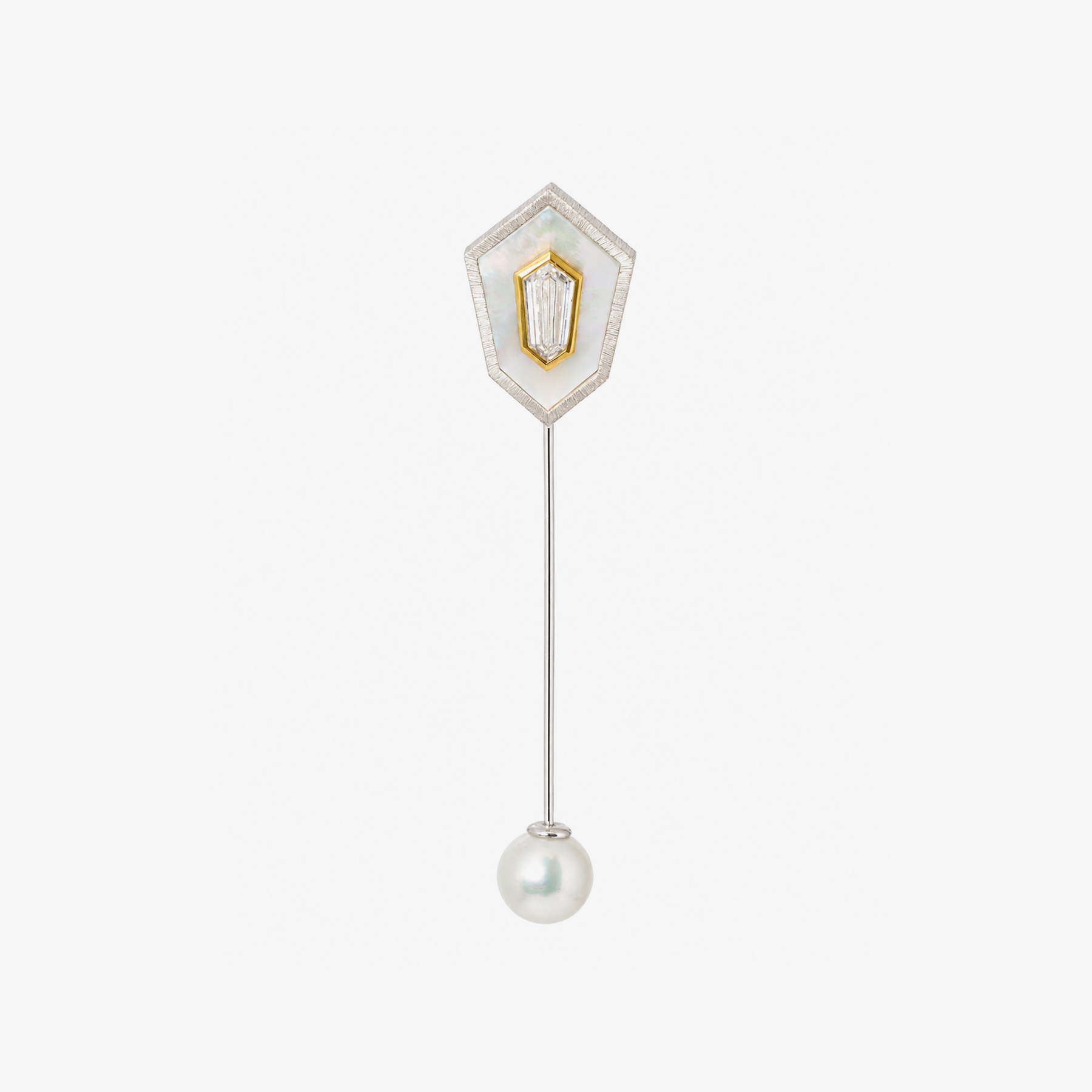 Art Deco Shield Diamond & Pearl Lapel Pin in Sterling Silver