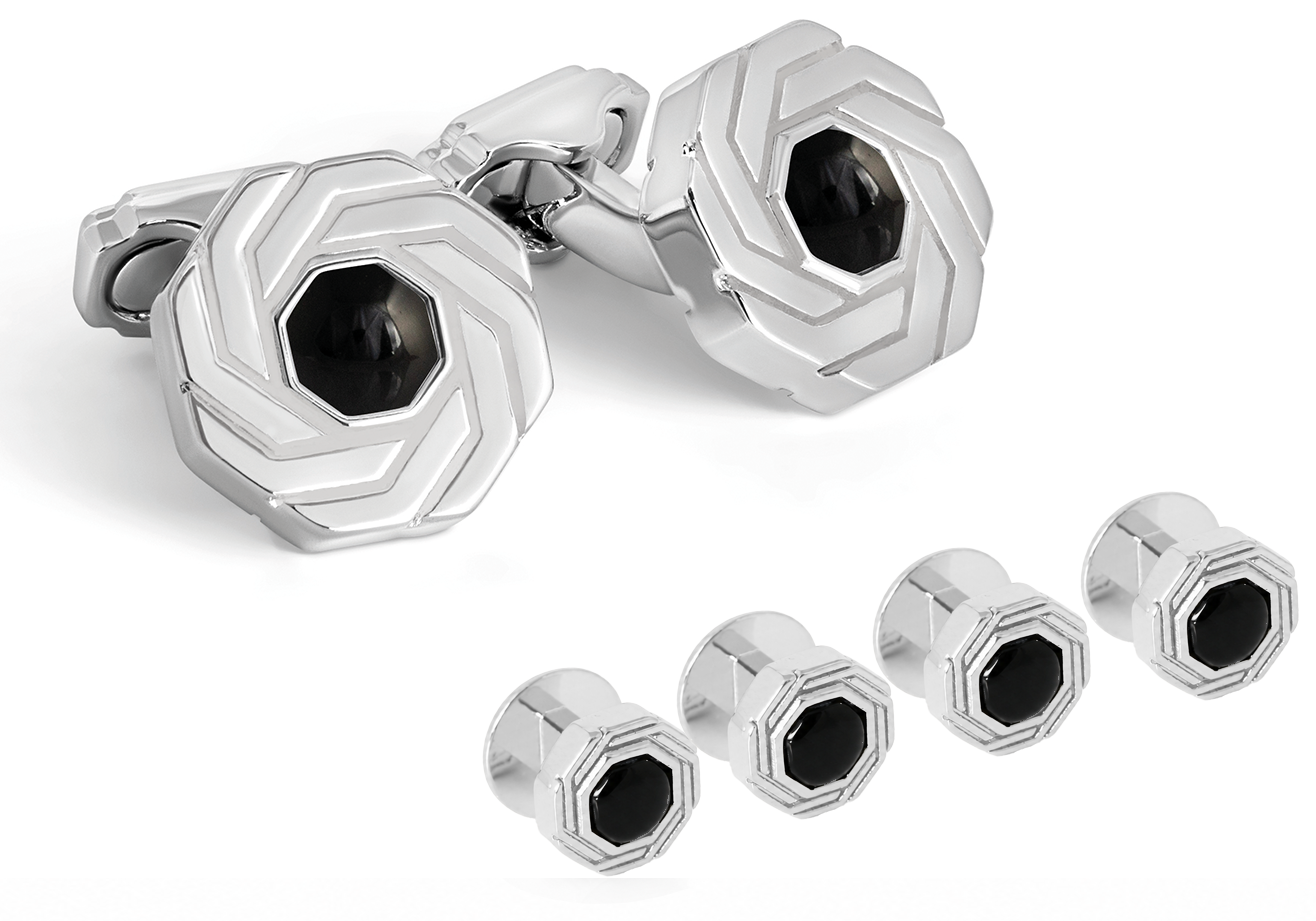 Thompson Octagon Insignia Cufflink and Stud set in Palladium Plated with Onyx