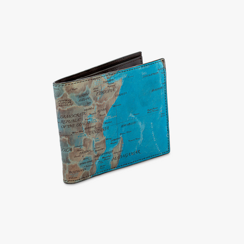 Mappa Mundi bifold wallet in blue and brown leather (UK) 1