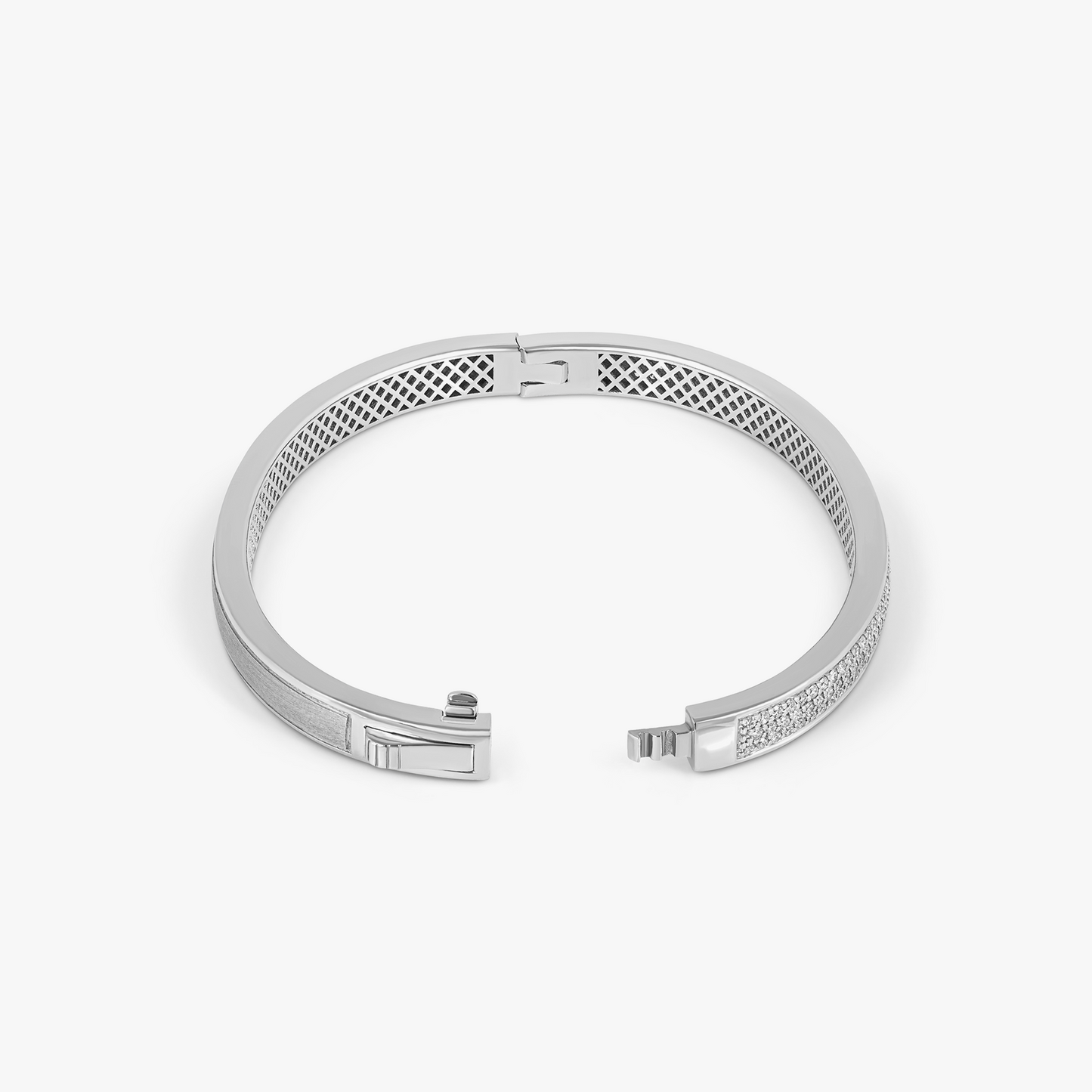 Buckingham Hinge Cuff Bangle in Rhodium Plated Silver with White Diamonds