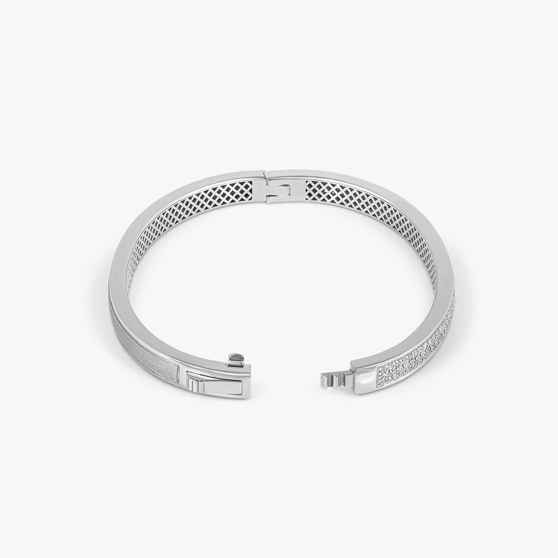 Buckingham Hinge Cuff Bangle in Rhodium Plated Silver with White Diamonds