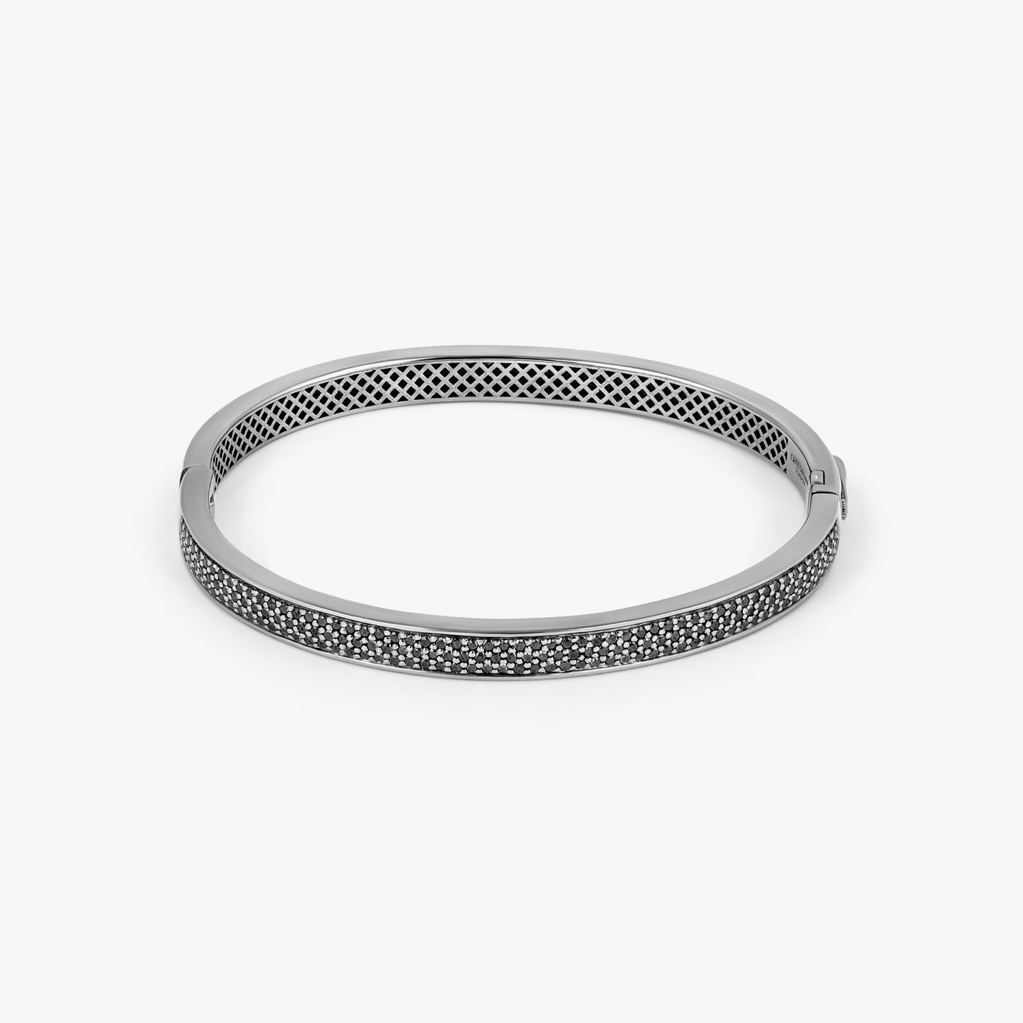 Buckingham Hinge Cuff Bangle in Rhodium Silver with Black Diamond