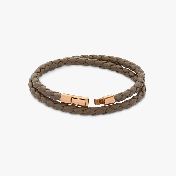 Tubo Taito double wrap bracelet in brown leather with 18k rose