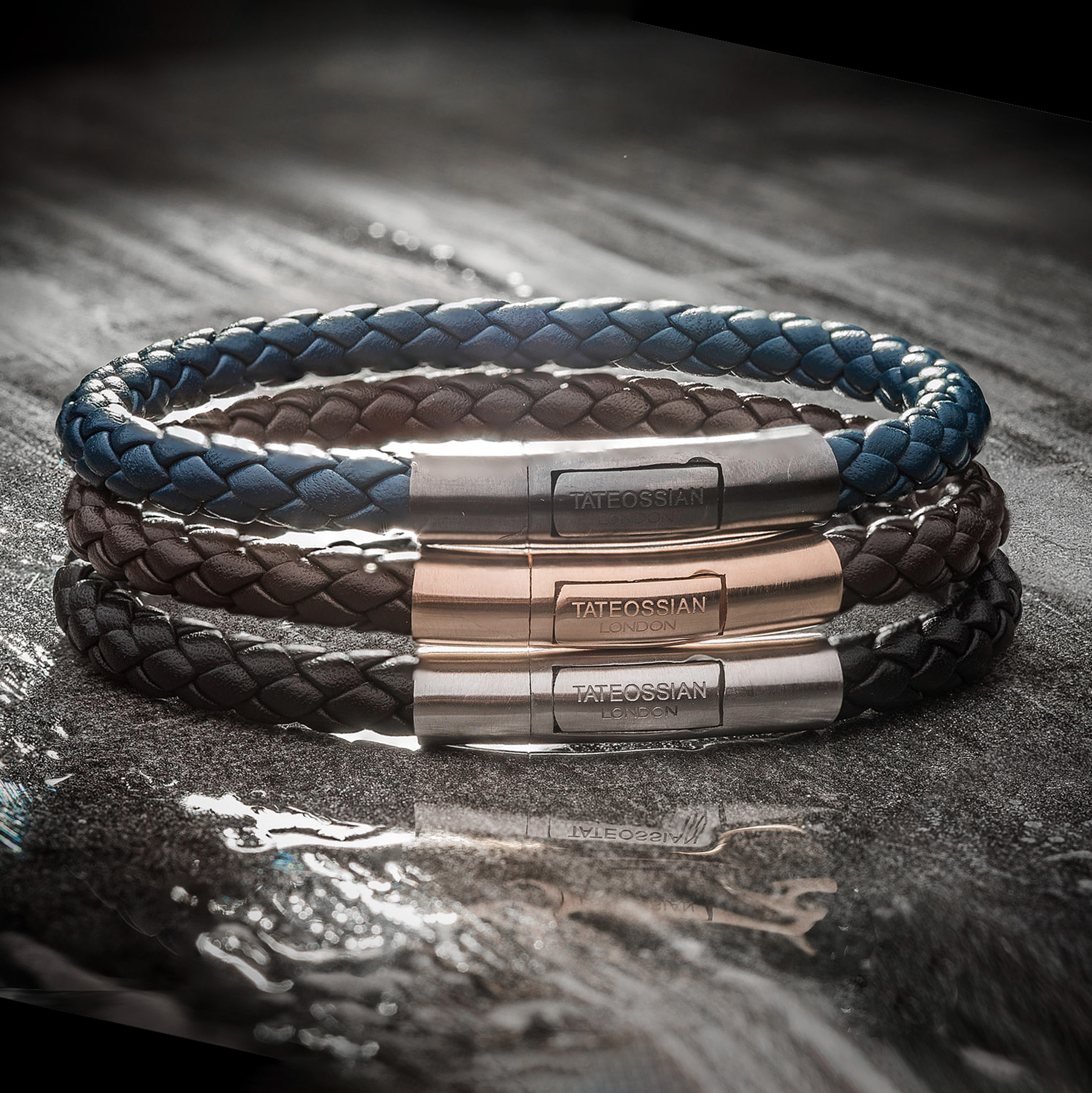 Charles Click Pelle Bracelet In Rhodium & Black Leather Charles Click Pelle Bracelet In Rhodium & Black Leather