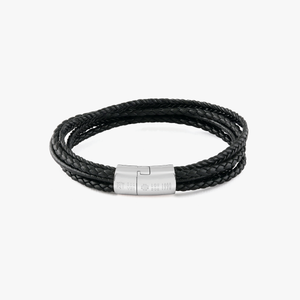 Men's 12 Strand Black Leather Cord Bracelet with Silver Beads
