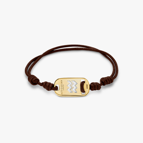 18K gold Aquarius bracelet with brown cord