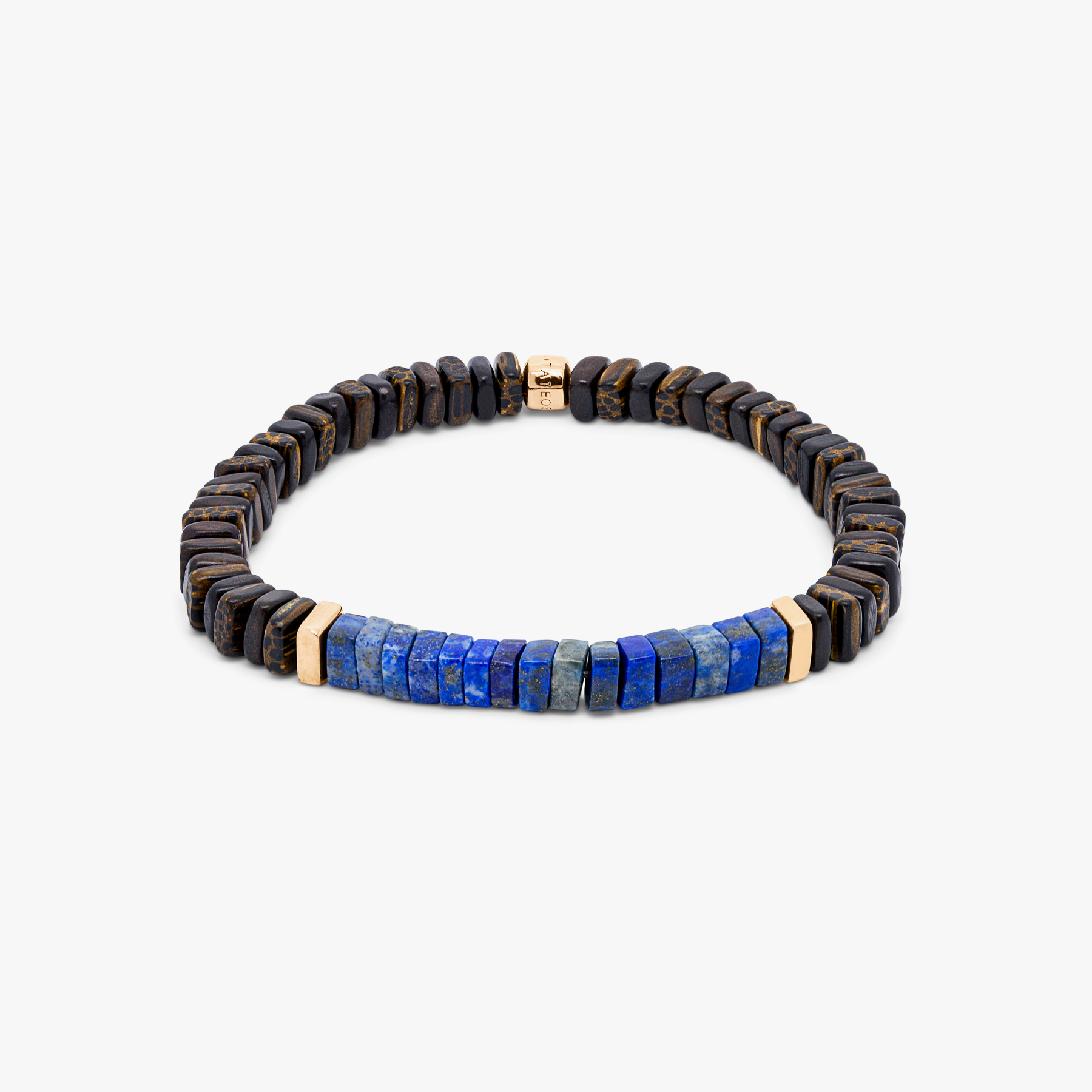 A bracelet with a combination of dark and light wood beads, accented by rose gold-colored sterling silver discs and a central lapis stone.