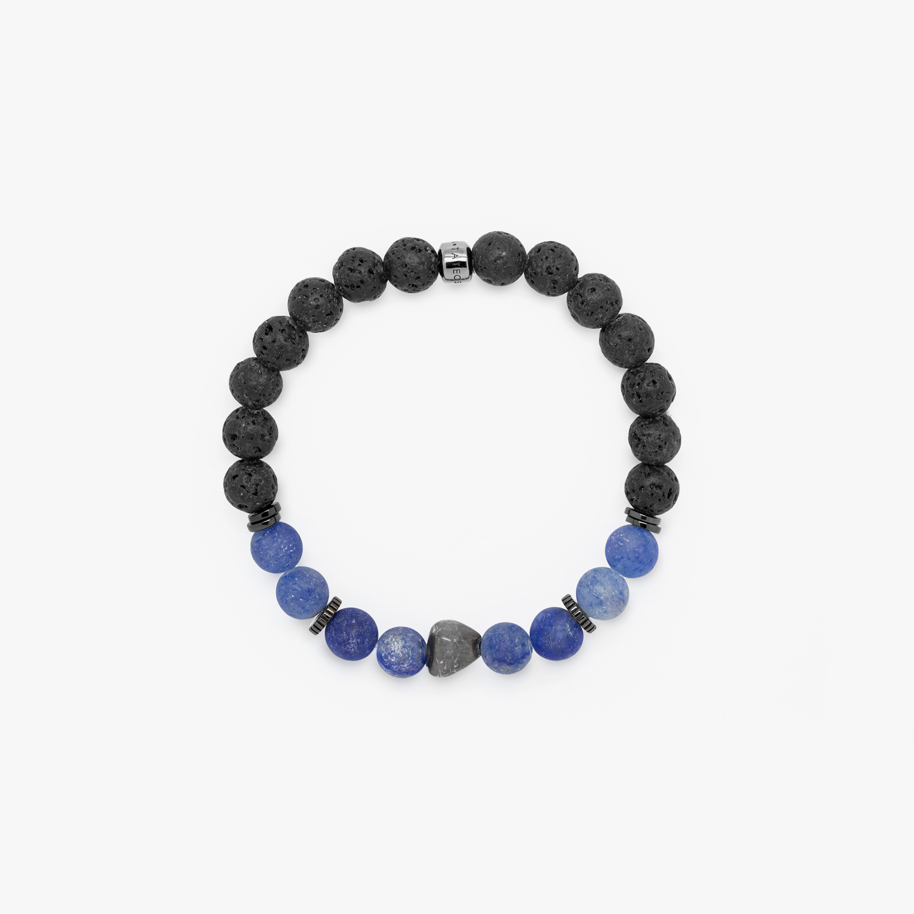 A bracelet with a mix of dark and light blue beads, some shaped like lava rocks, and black rhodium plated sterling silver detailing.