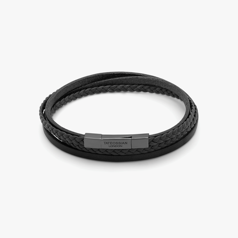 Mini Click Fettuccine Multi-Strand Leather Bracelet In Black