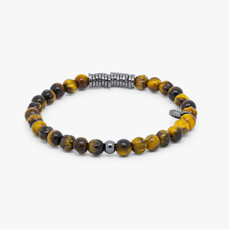 Men's 10.0mm Tiger's Eye and Grooved Barrel Bead Bolo Bracelet in Stainless  Steel with Yellow IP - 10.5