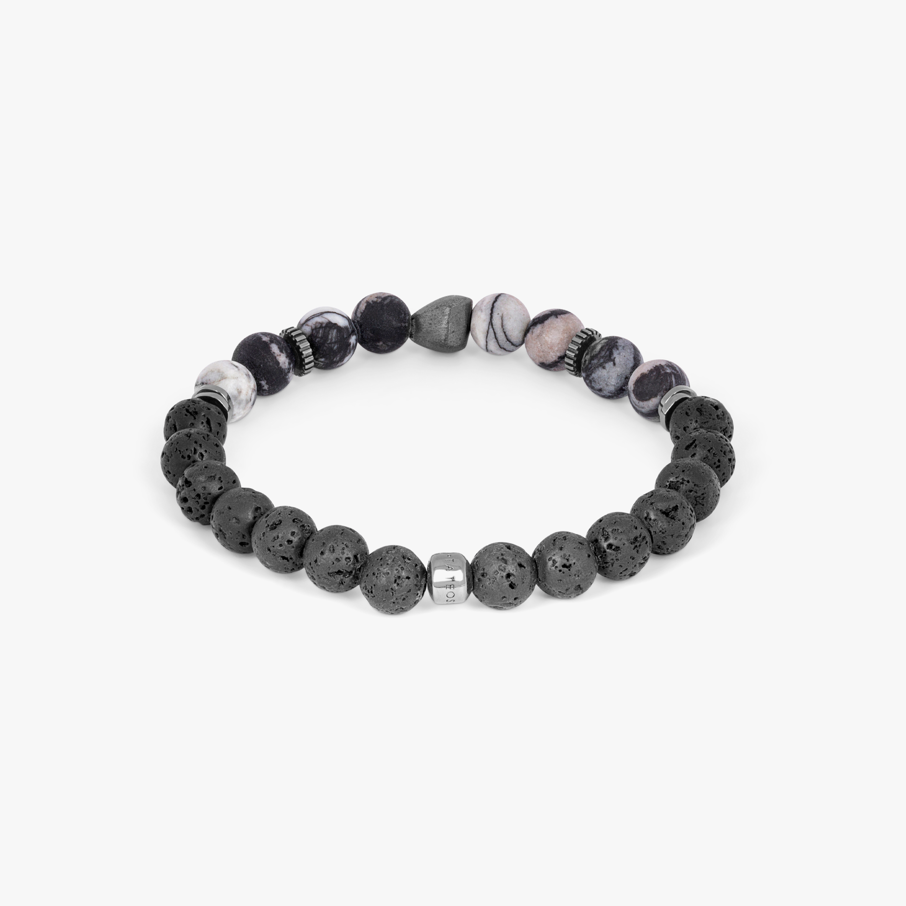 A bracelet with a combination of black and multicolored beads, possibly spiderweb jasper and raw volcanic lava beads, with black rhodium plated sterling silver detailing.