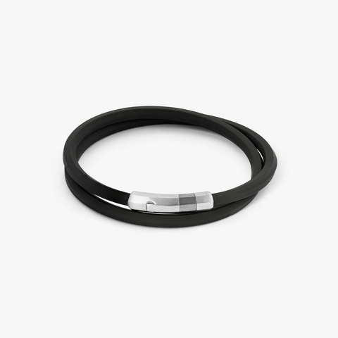 Black rubber Octagon click bracelet with rhodium-plated sterling silver