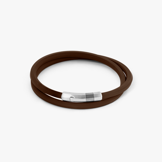 Octagon Click Bracelet In Rhodium Plated Silver and Brown rubber