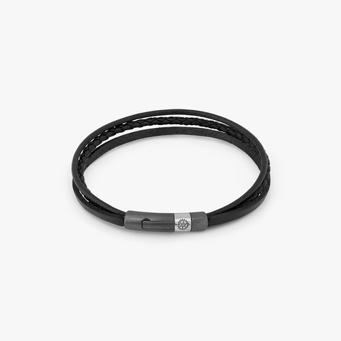 Ruthenium plated sterling silver Gear Click bracelet with black leather