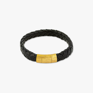 Graffiato Oval Leather Bracelet in Black with Yellow Gold Plated