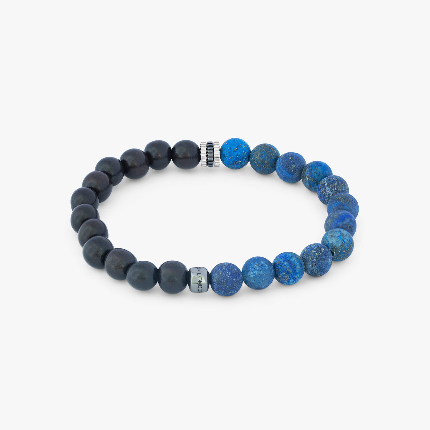 Gear Trio Beaded Bracelet In Rodium Plated Silver With Ebony Wood & Blue Lapis