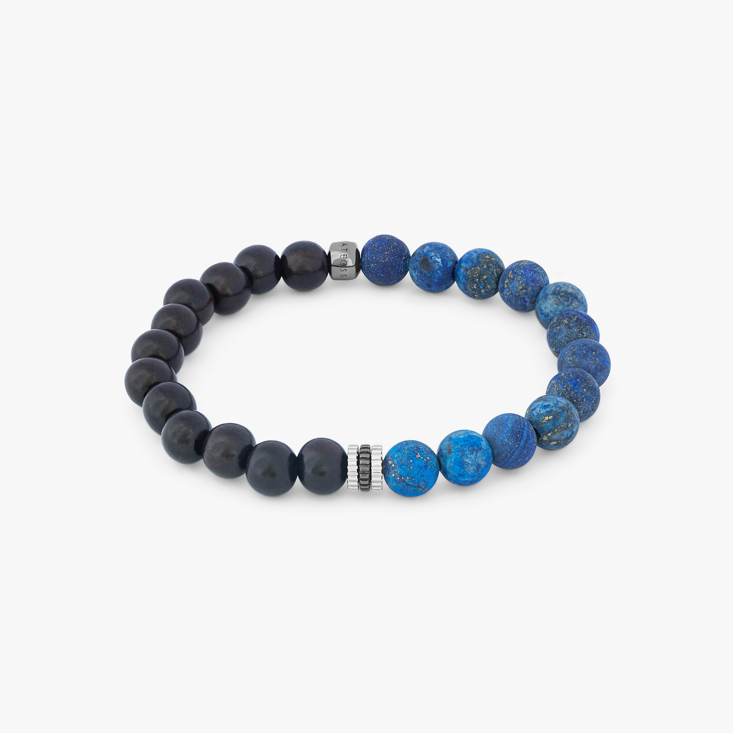 Gear Trio Beaded Bracelet In Rodium Plated Silver With Ebony Wood & Blue Lapis