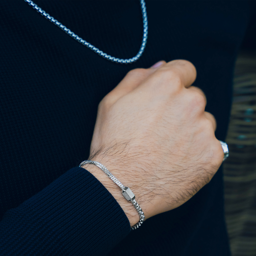 Hexade Box Chain Bracelet In Rhodium Plated Silver 