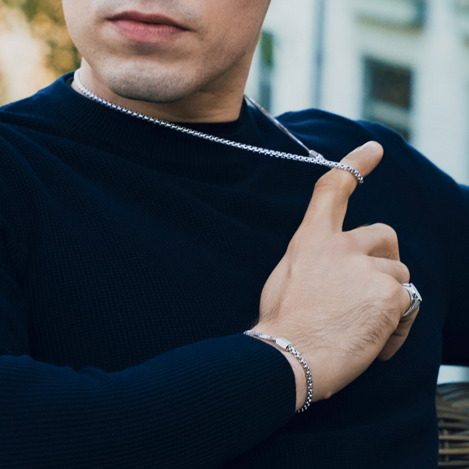 Hexade Box Chain Necklace In Rhodium Plated Silver