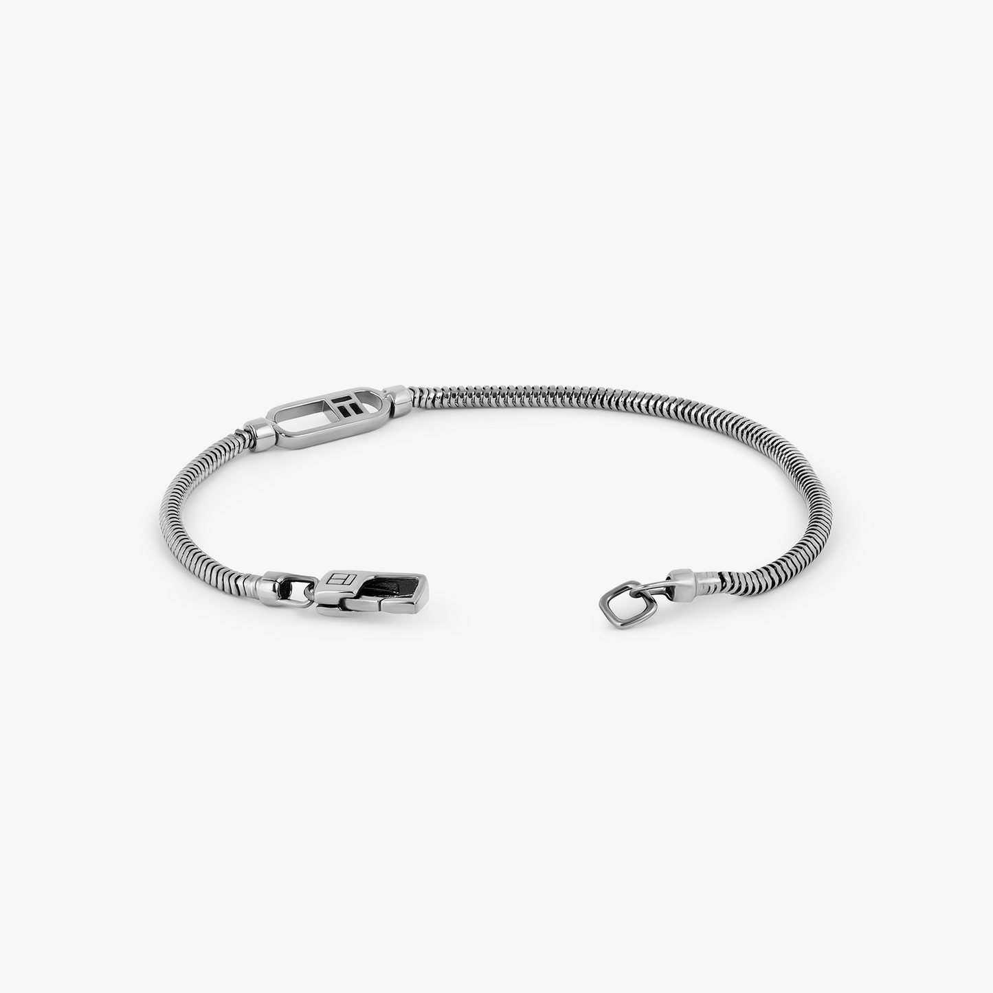 Catena Signifier Snake Chain Bracelet in Oxidised Plated Silver with "T" Logo