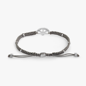 Puzzle Gear Grey Macrame Bracelet in Rhodium Silver with Black Spinel