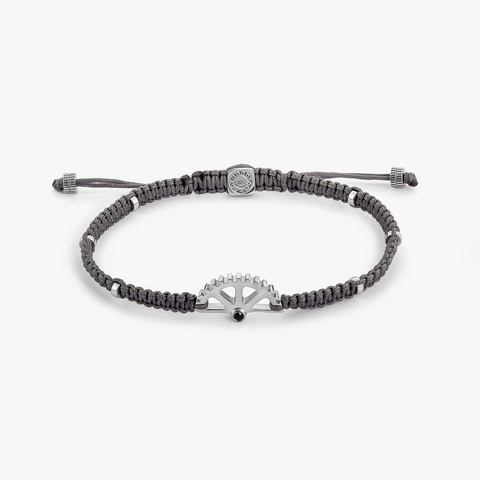 Puzzle Gear Grey Macrame Bracelet in Rhodium Silver with Black Spinel