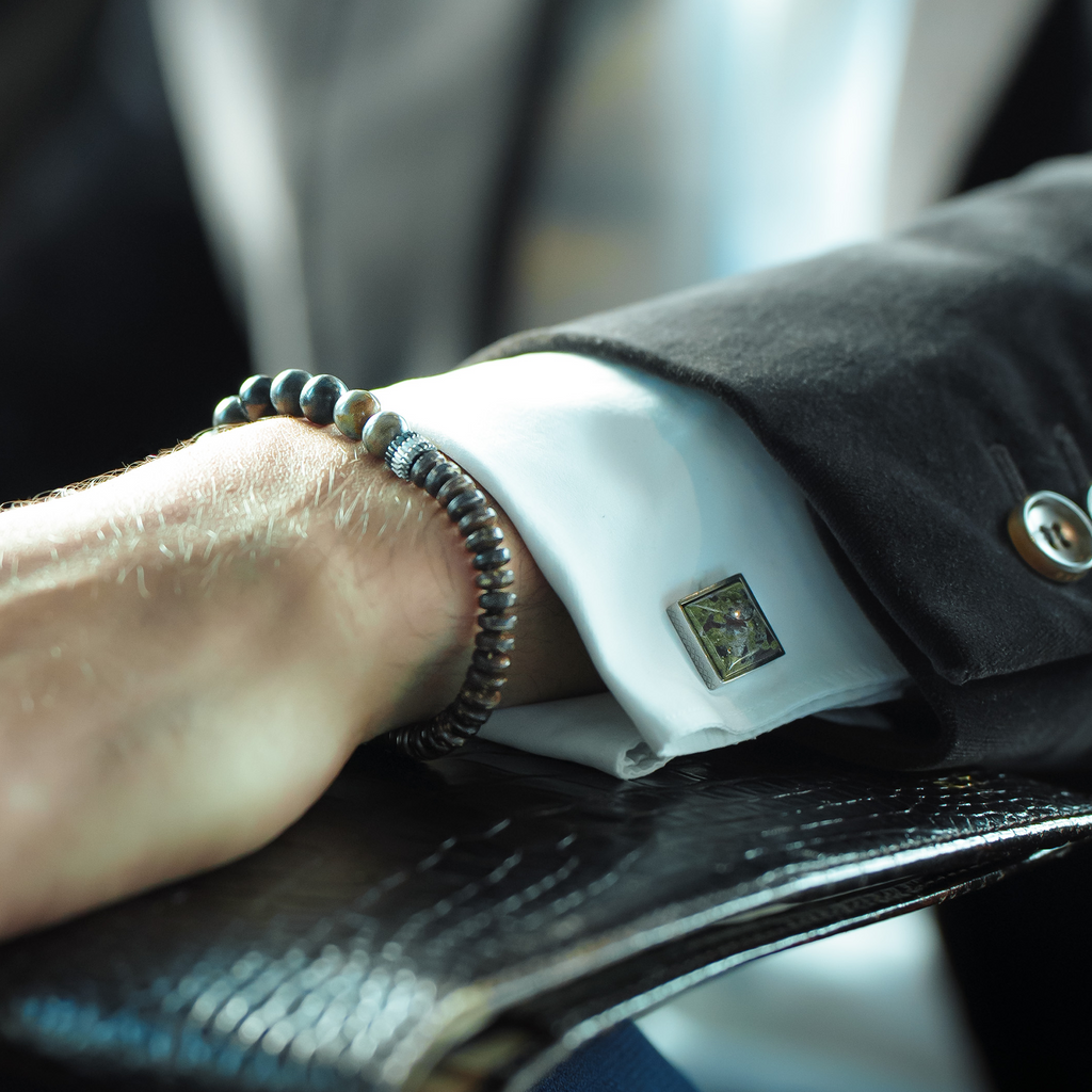 Titanium Classic Cufflinks with Green & Brown Forest Stone