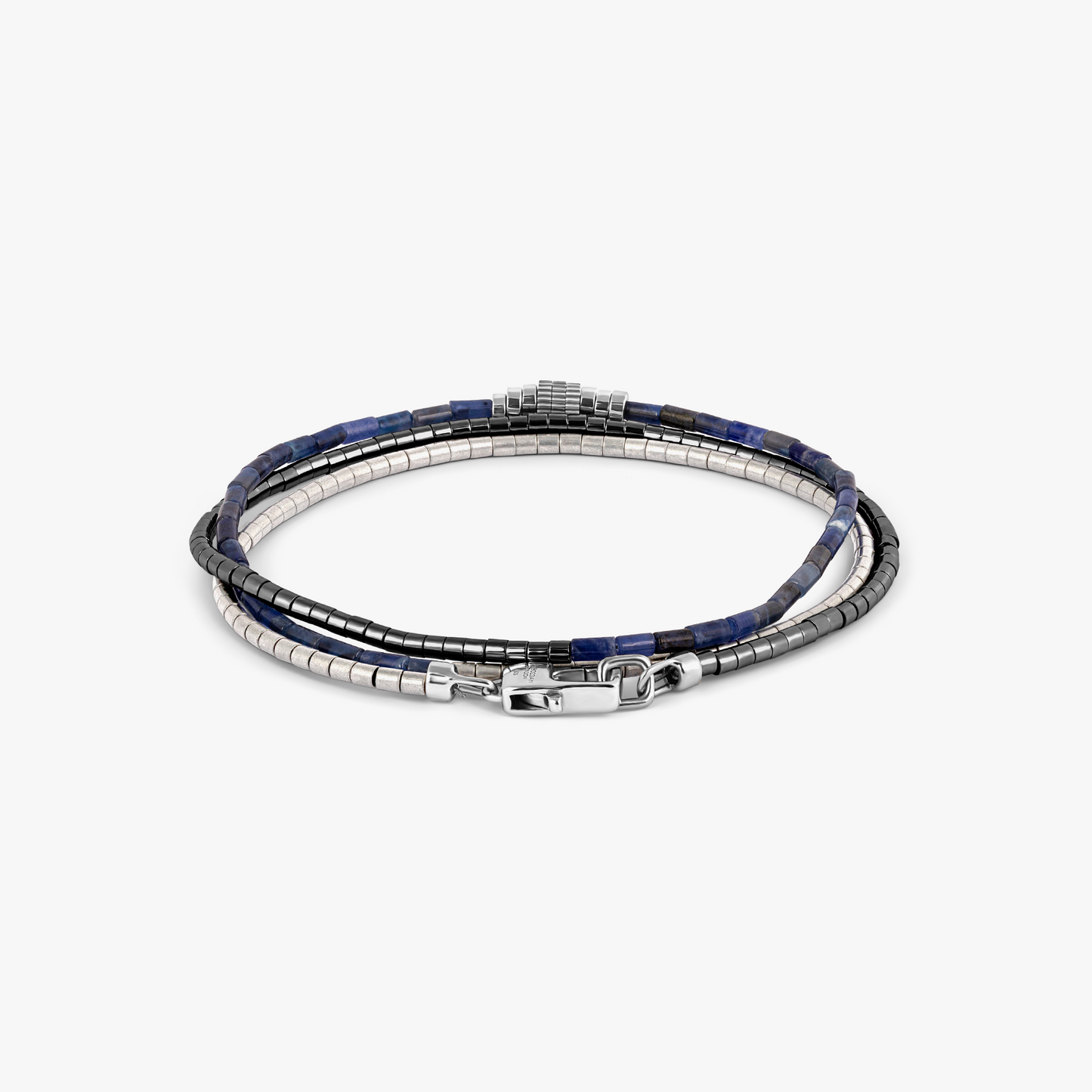 Navaho Triple Wrap Beaded Bracelet in Rhodium Silver with Sodalite and Hematite